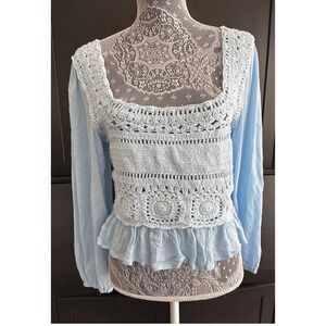 Sim & Sam Blue Crochet XL Balloon Sleeve Square Neck Peplum‎ Blouse Boho Chic